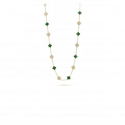 VAN CLEEF ARPELS VINTAGE ALHAMBRA LONG NECKLACE, 20 MOTIFS - YELLOW GOLD, DIAMOND, MALACHITE  VCARO7GP00
